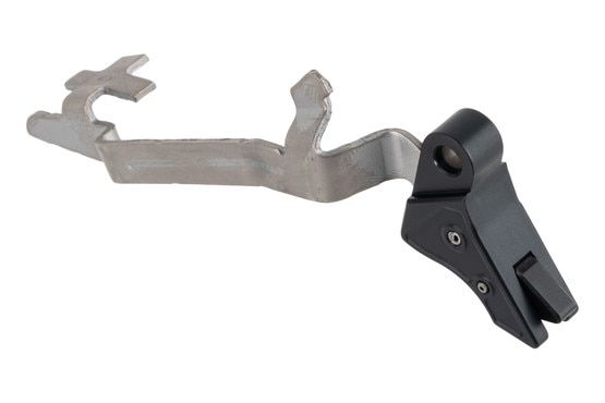 Overwatch Precision dat Trigger for Glock Gen 5 and 19X/G45 handguns features a flat faced black trigger shoe with a gold safety.